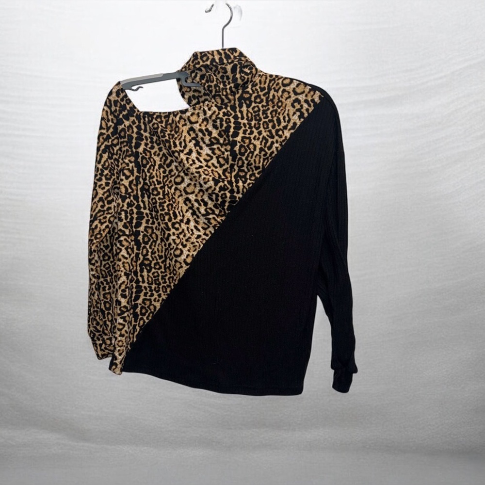 Shein Women’s Turtleneck Cutout Leopard Colorblock Long Sleeve Blouse Size Med